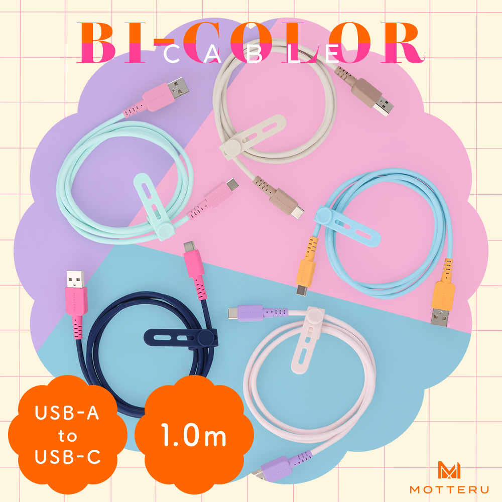 バイカラーケーブル USB-A to USB-C ケーブルバンド付属 1m 全5色 2年保証(MOT-BCECAC100)