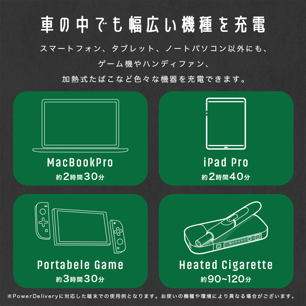 車の中でも幅広い機種を充電できる